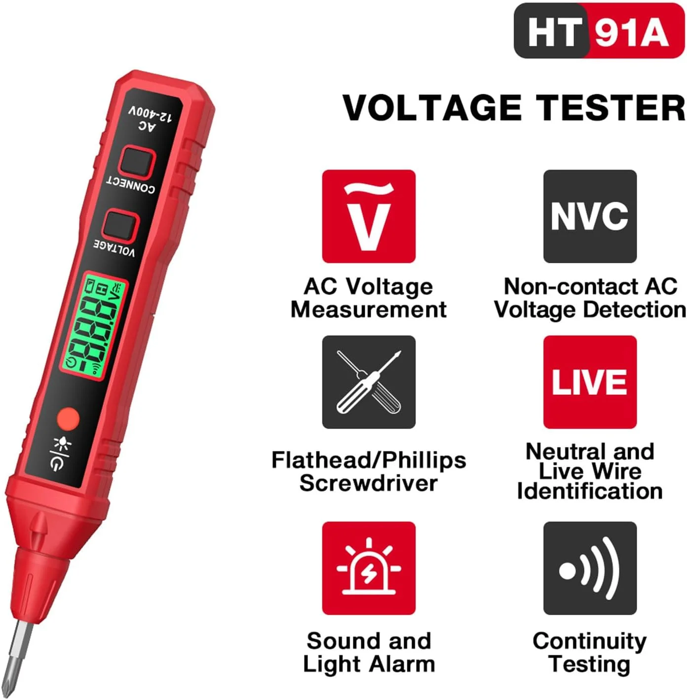 Feature graphic detailing AC voltage measurement, NCV detection, screwdriver tip, and alarm modes.
