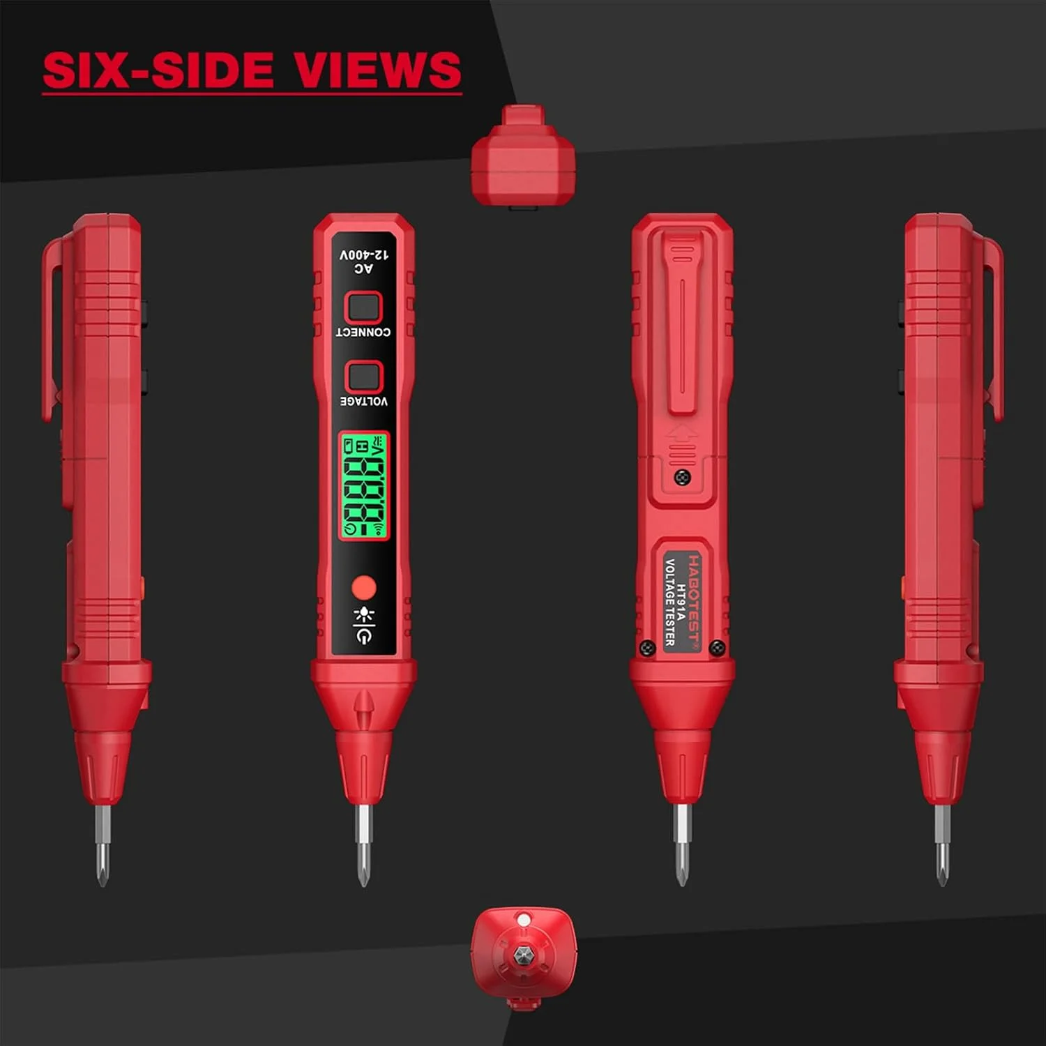 Six-side view showing the voltage tester pen from front, back, side, top, and bottom angles.