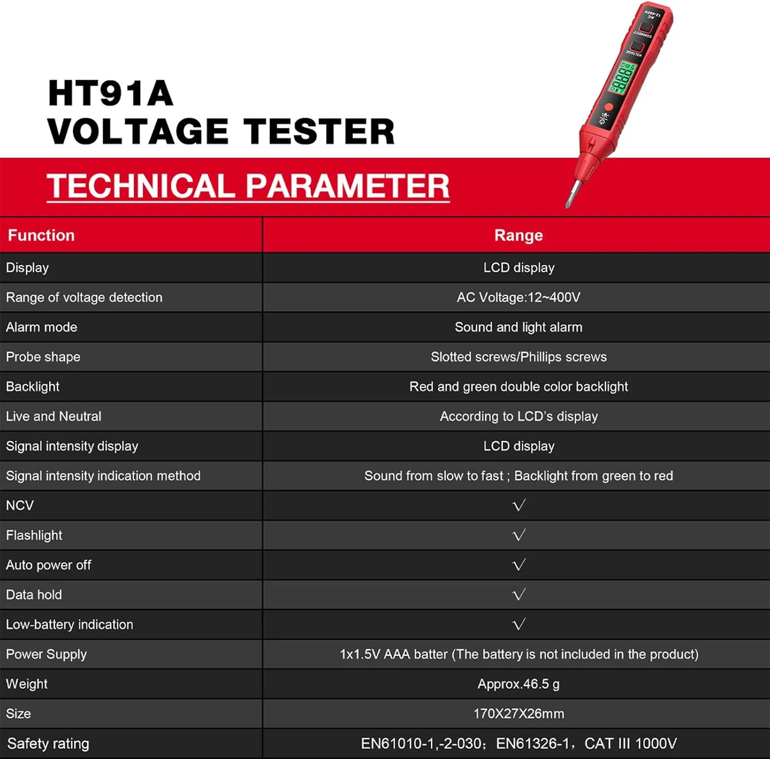 Technical parameter chart showing specifications, 12-400V AC range, battery type, and CAT III safety rating.