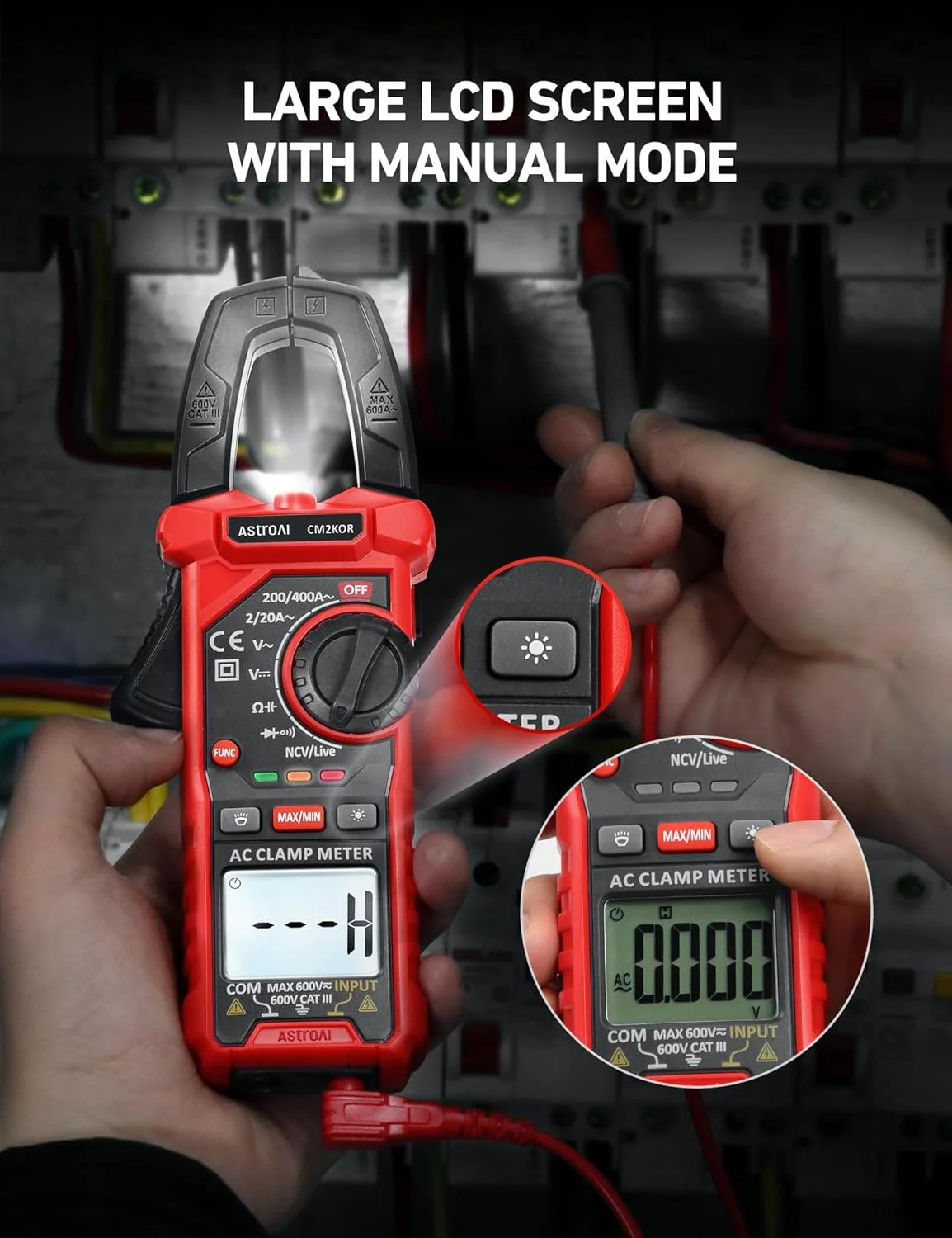 A red Paden Home clamp meter held in front of a breaker panel, highlighting its large backlit LCD screen and manual mode button.