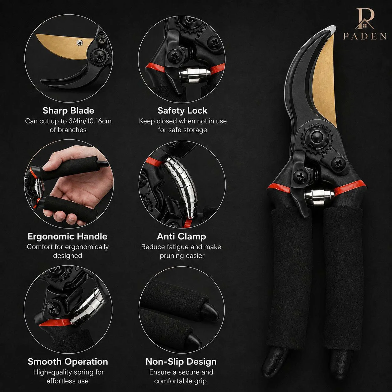 Diagram of Paden Home pruning shears detailing sharp blade, safety lock, ergonomic handle, and non-slip grip.