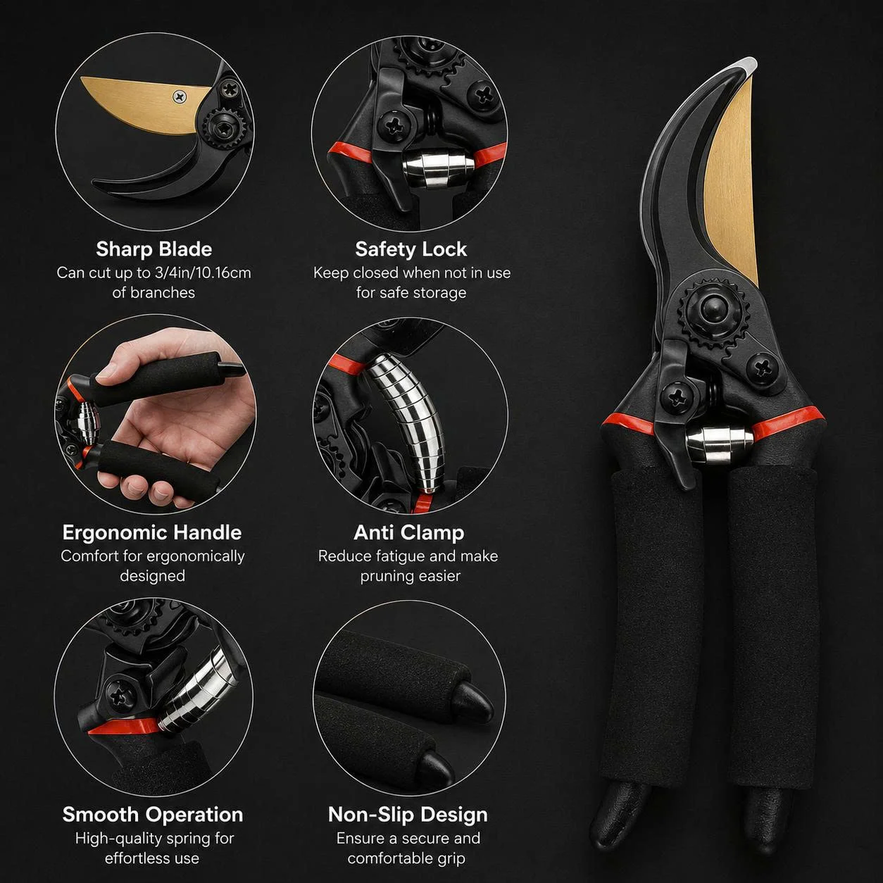 Infographic showing key features and ergonomic design of Paden Home pruning shears.
