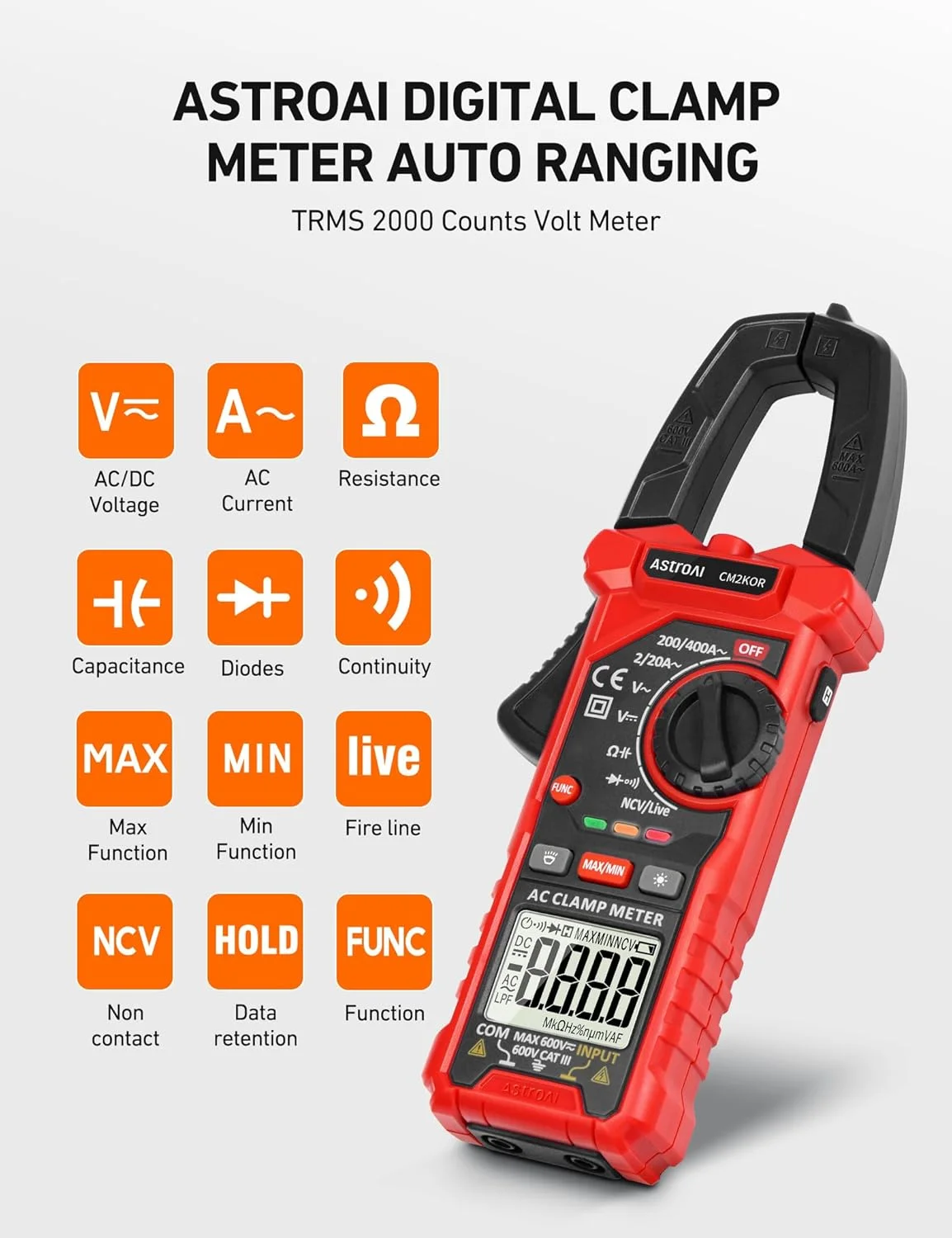 A feature diagram of the red Paden Home digital clamp meter showing icons for voltage, current, resistance, capacitance, continuity, NCV, and data hold.