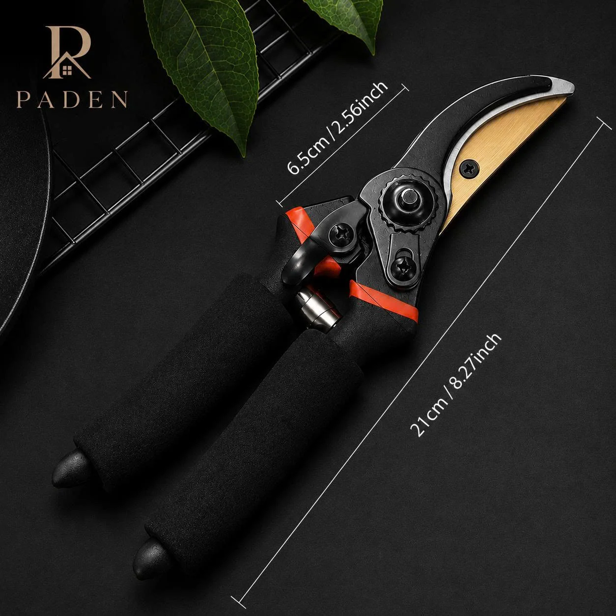 Paden Home pruning shears with dimension markings showing 21 cm overall length and 6.5 cm blade.