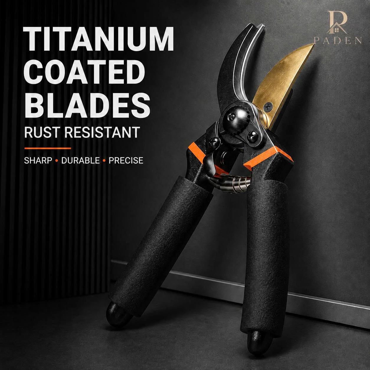 Paden Home titanium coated pruning shears standing upright against a dark backdrop.