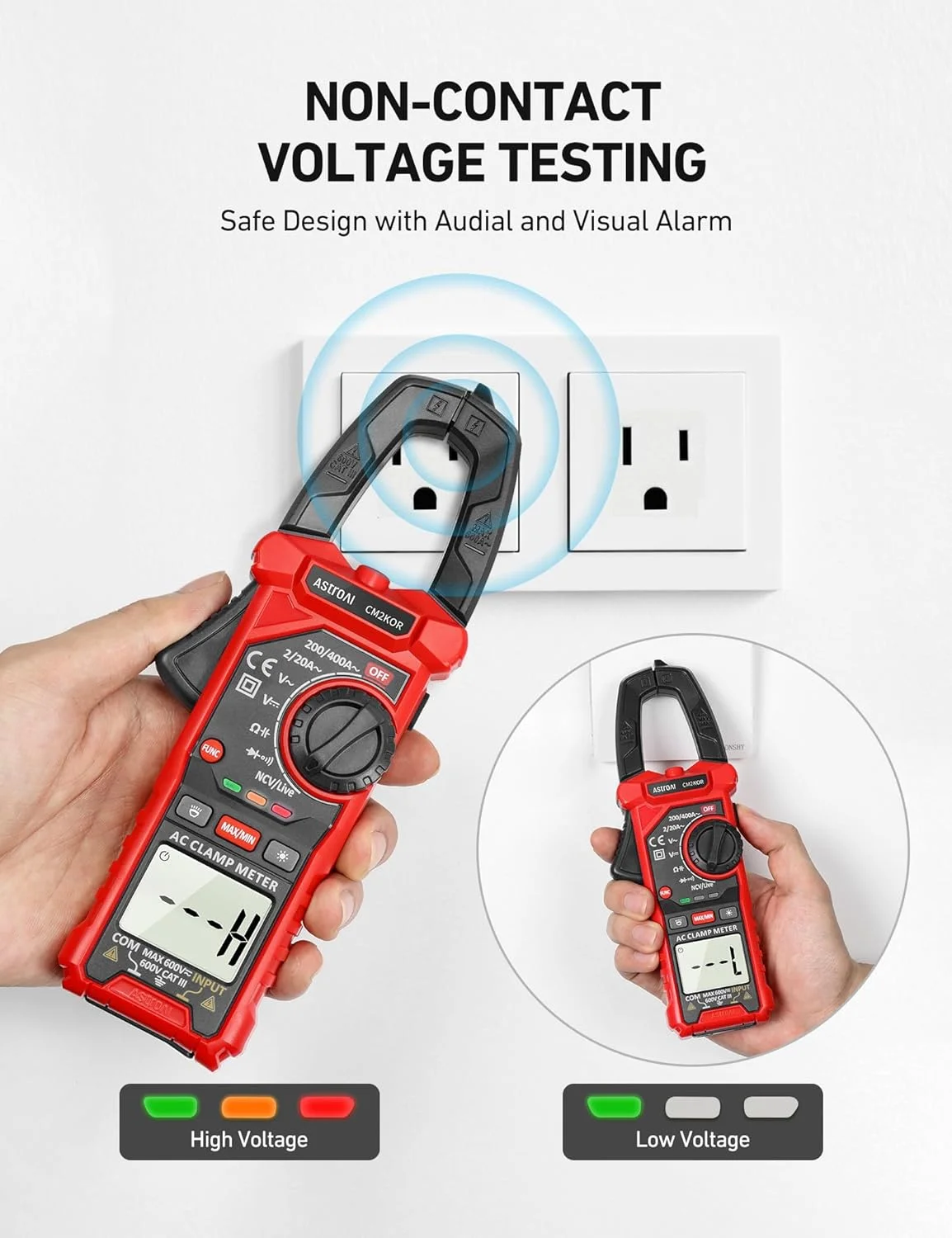 The Paden Home clamp meter being held near a wall outlet to demonstrate the non-contact voltage testing with high and low indicator lights.