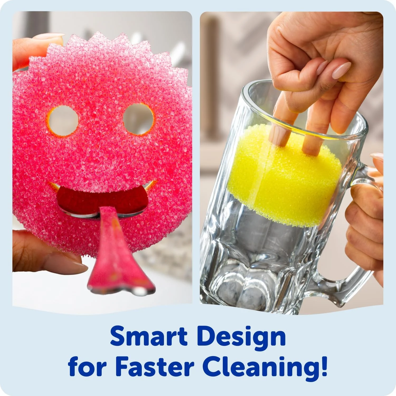 A dual-image showing a pink smiley-face sponge cleaning a spoon in its mouth cutout on the left, and a hand using the eye cutouts of a yellow sponge to clean a glass mug on the right.