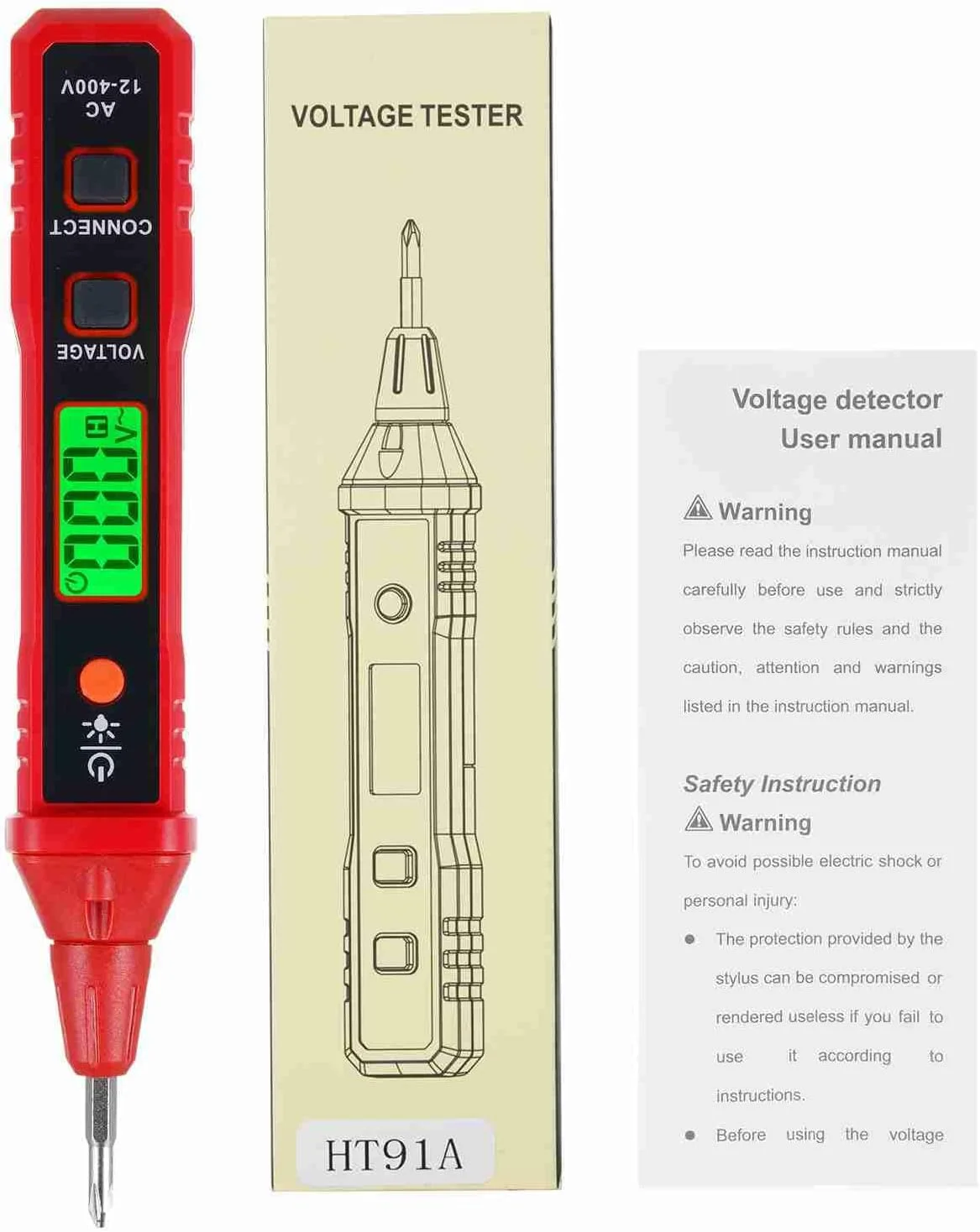 Paden Home digital voltage tester pen shown next to its product box and printed user manual.