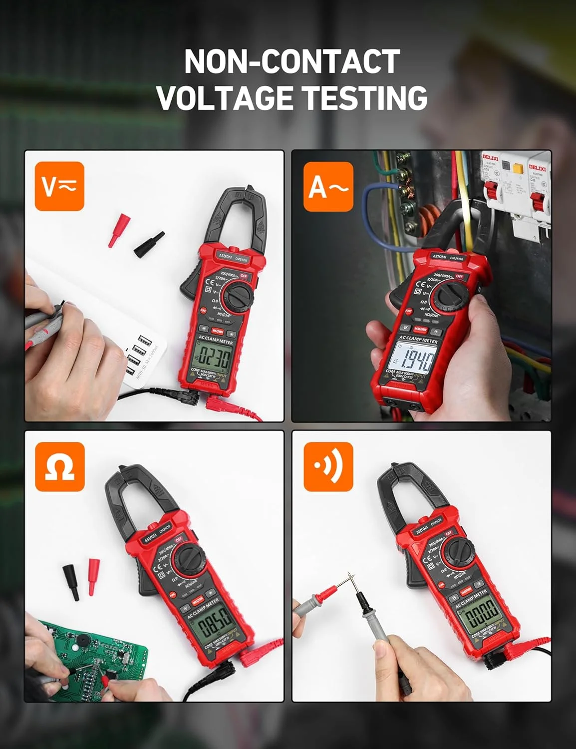 Four split images demonstrating the Paden Home clamp meter performing tests for AC/DC voltage, AC current, resistance, and continuity.