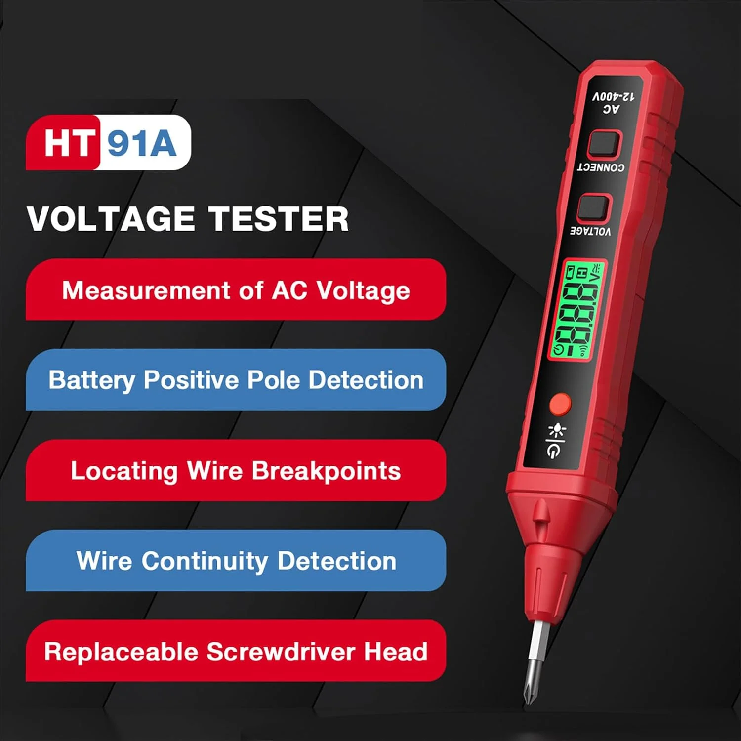 Diagram highlighting key functions including AC voltage measurement, continuity detection, and breakpoint locating.